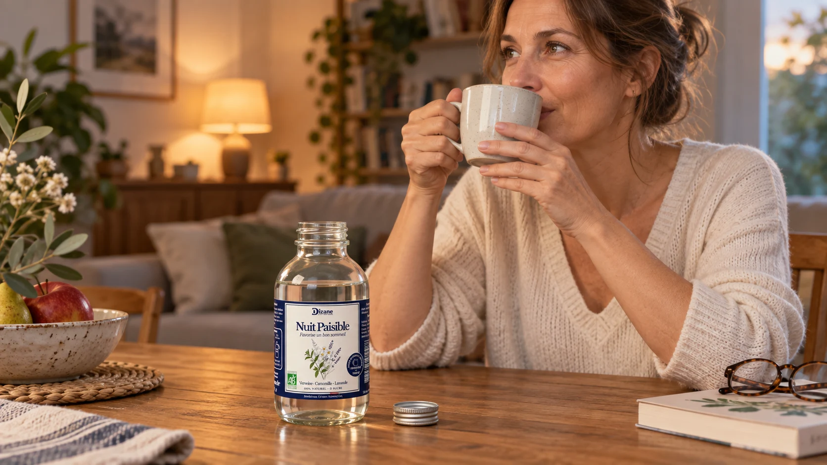 Une femme déguste une tasse de Dizane Nuit Paisible à la maison