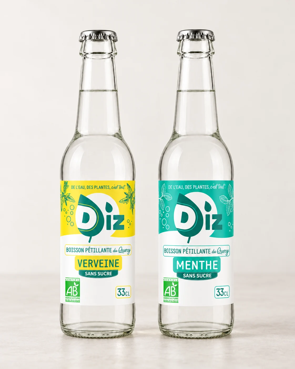 Boissons DIZ Verveine et Menthe, bouteilles de 33 cl