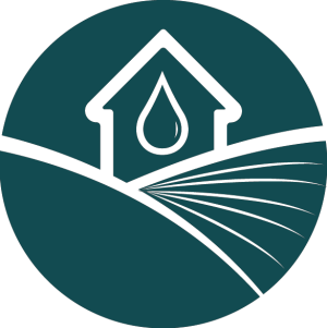 Logo Vanadal, Silouette Ferme avec goutte, au cœur, prairie et rangs de culture.